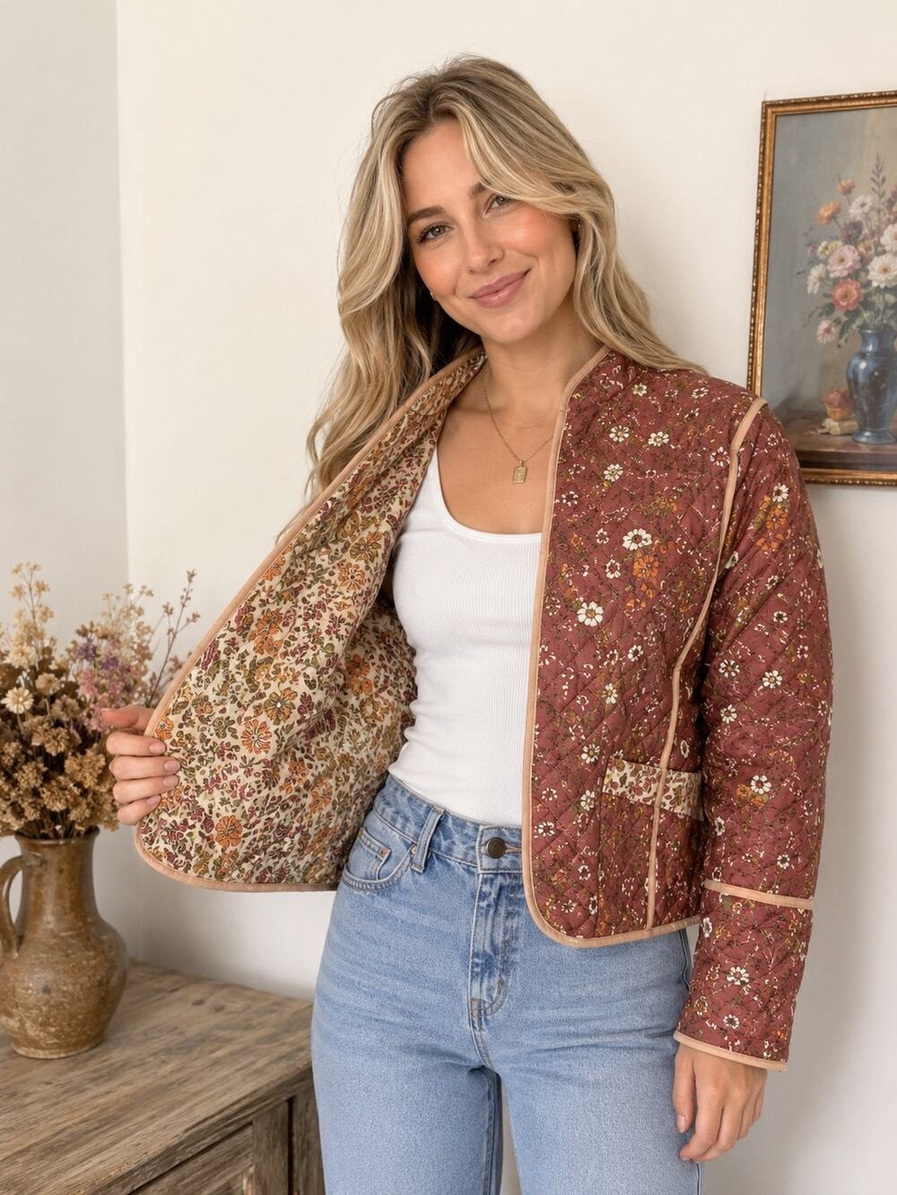 Simply Southern Reversible Quilted Floral Cottagecore Jacket Large